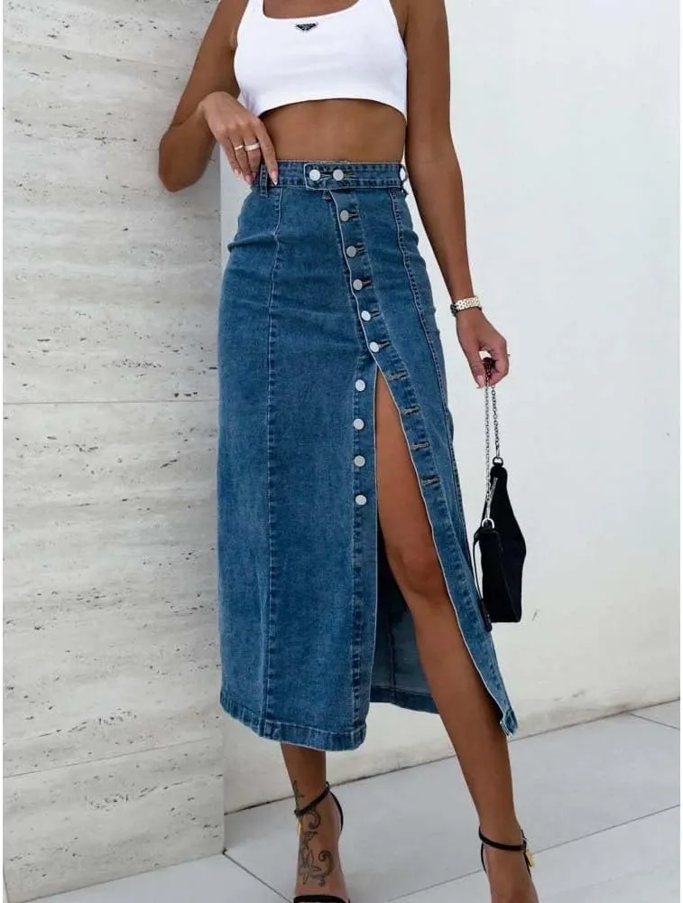 Adhdyuud Women High Waist Side Slit Button Denim Skirt Sexy Casual Street Style Slim Fit Midi Skirt