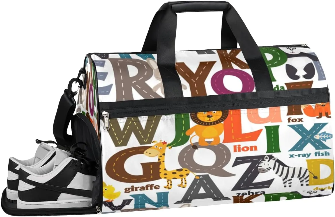 Animal Letters Sports Gym Bag with Wet Pocket & Shoes Compartment Waterproof Workout Duffel Bag for Women and Men Weekender Overnight Duffle Bag Travel Carry-on Tote