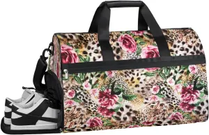 Animal Tiger Leopard Print Flower Sports Gym Bag with Wet Pocket & Shoes Compartment Waterproof Workout Duffel Bag for Women and Men Weekender Overnight Duffle Bag Travel Carry-on Tote