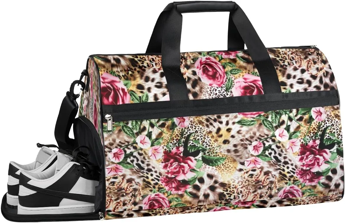 Animal Tiger Leopard Print Flower Sports Gym Bag with Wet Pocket & Shoes Compartment Waterproof Workout Duffel Bag for Women and Men Weekender Overnight Duffle Bag Travel Carry-on Tote