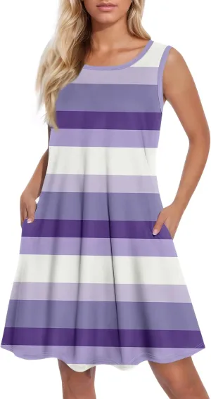 Azeralia Women Summer Casual Dress 2025 Sleeveless Mini Swing Tank Sundress with Pockets Crew Neck A Line Tshirt Dress