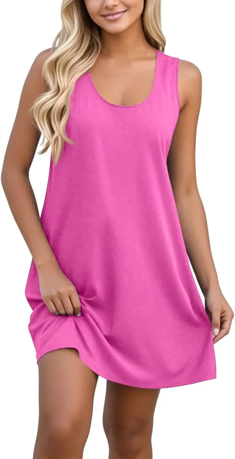 Azeralia Womens Summer Dresses 2025 Sleeveless Casual A-Line Swing Mini Dress Sundress Casual T-Shirt Dress Beach Sundress