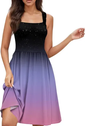 Azeralia Womens Summer Dresses Loose Square Neck Sleeveless Sundresses Dress with Pockets Vacation Beach Mini Dress