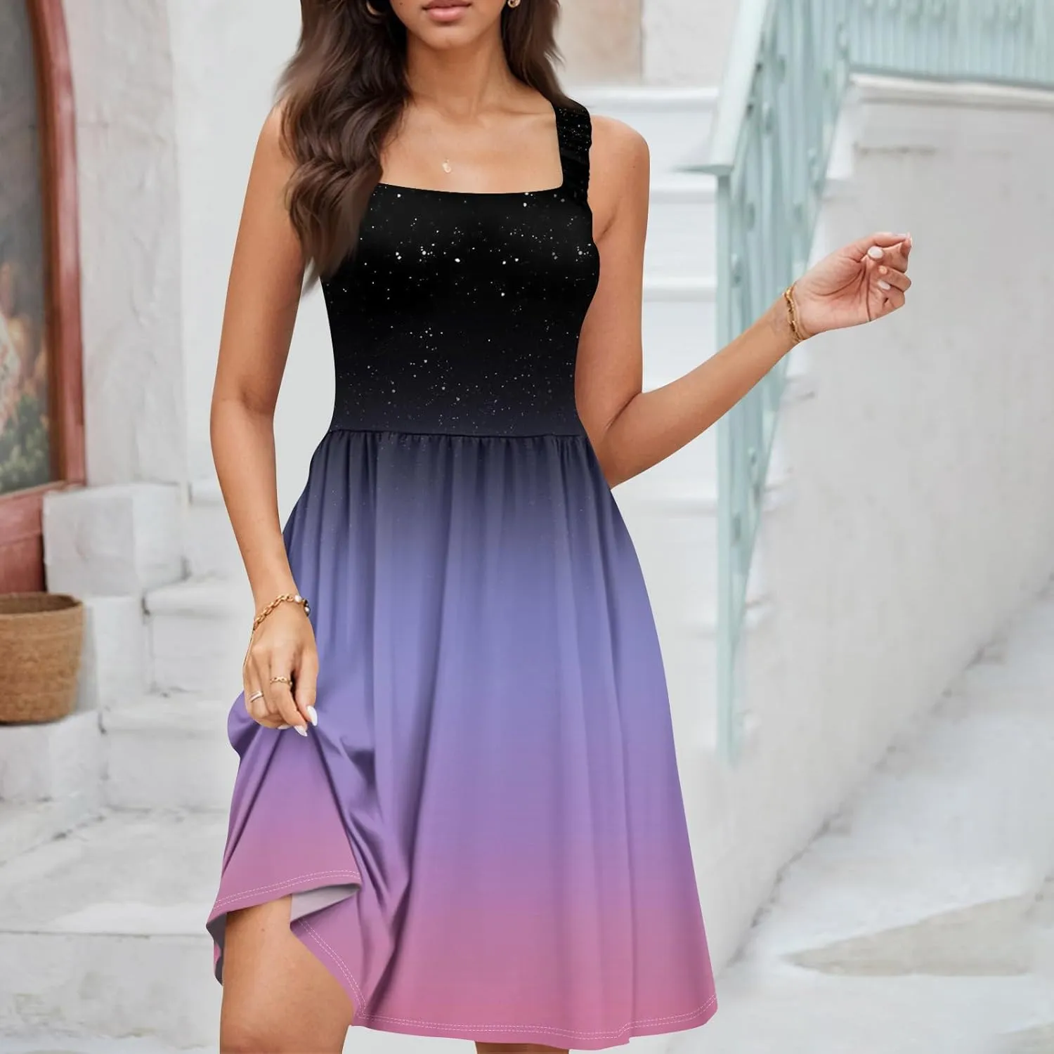 Azeralia Womens Summer Dresses Loose Square Neck Sleeveless Sundresses Dress with Pockets Vacation Beach Mini Dress