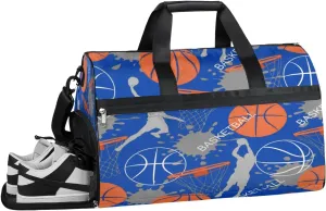 Basketball Blue Background Sports Gym Bag with Wet Pocket & Shoes Compartment Waterproof Workout Duffel Bag for Women and Men Weekender Overnight Duffle Bag Travel Carry-on Tote