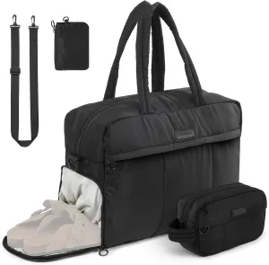 BBCREAT Travel Duffel Bag, Puffy Sports Tote Puffer Gym Bag with Toiletry Bag & Shoes Compartment, Quilted Weekender Overnight Bag for Women, Black, Stylish Mountain Duffel