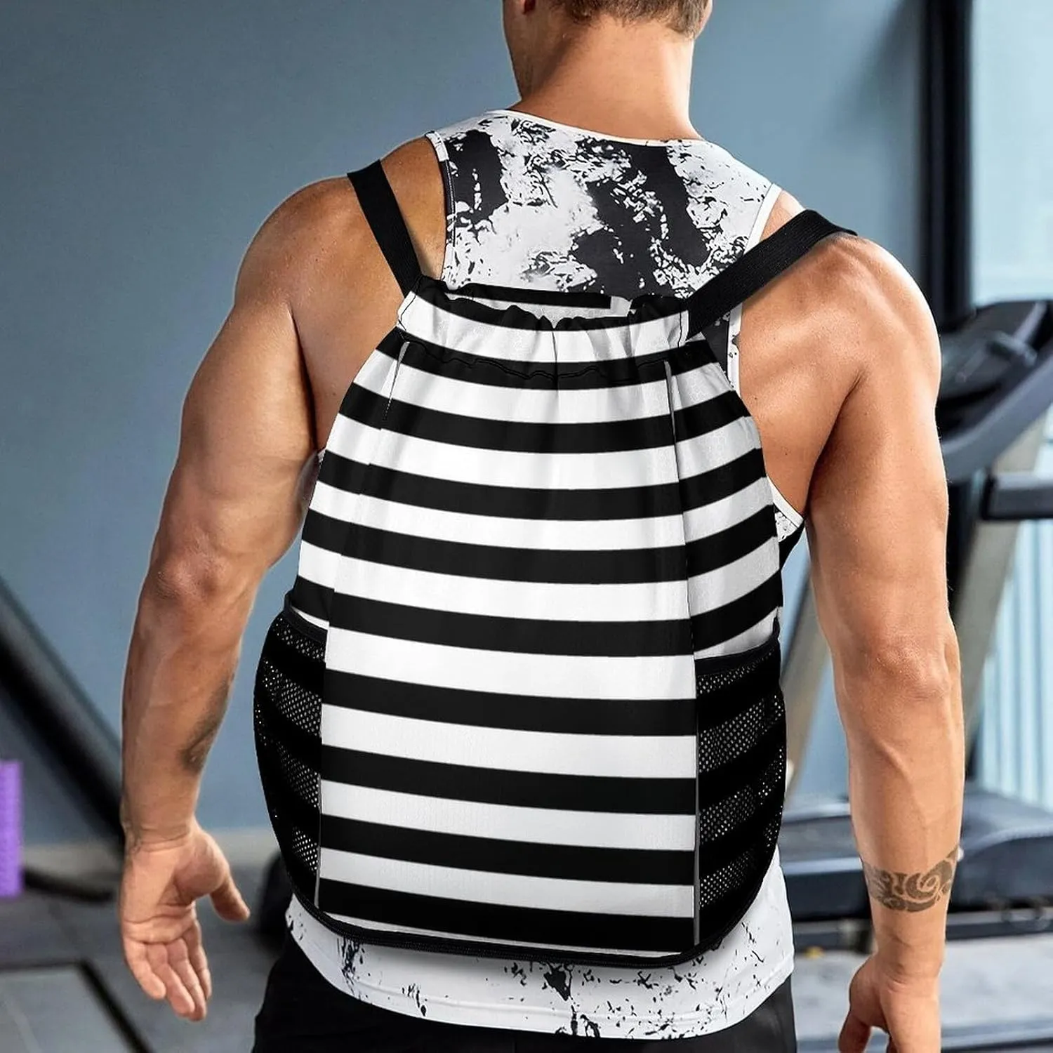Black And White Mosaic Stripes Sports Bundle Pocket with Dry Wet Separation Unisex