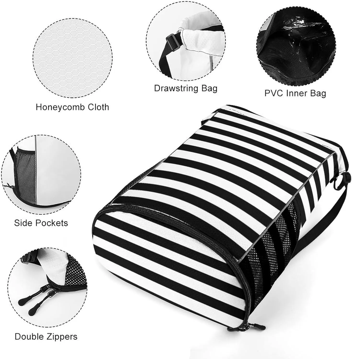 Black And White Mosaic Stripes Sports Bundle Pocket with Dry Wet Separation Unisex