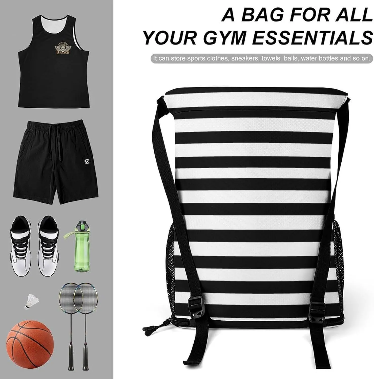 Black And White Mosaic Stripes Sports Bundle Pocket with Dry Wet Separation Unisex
