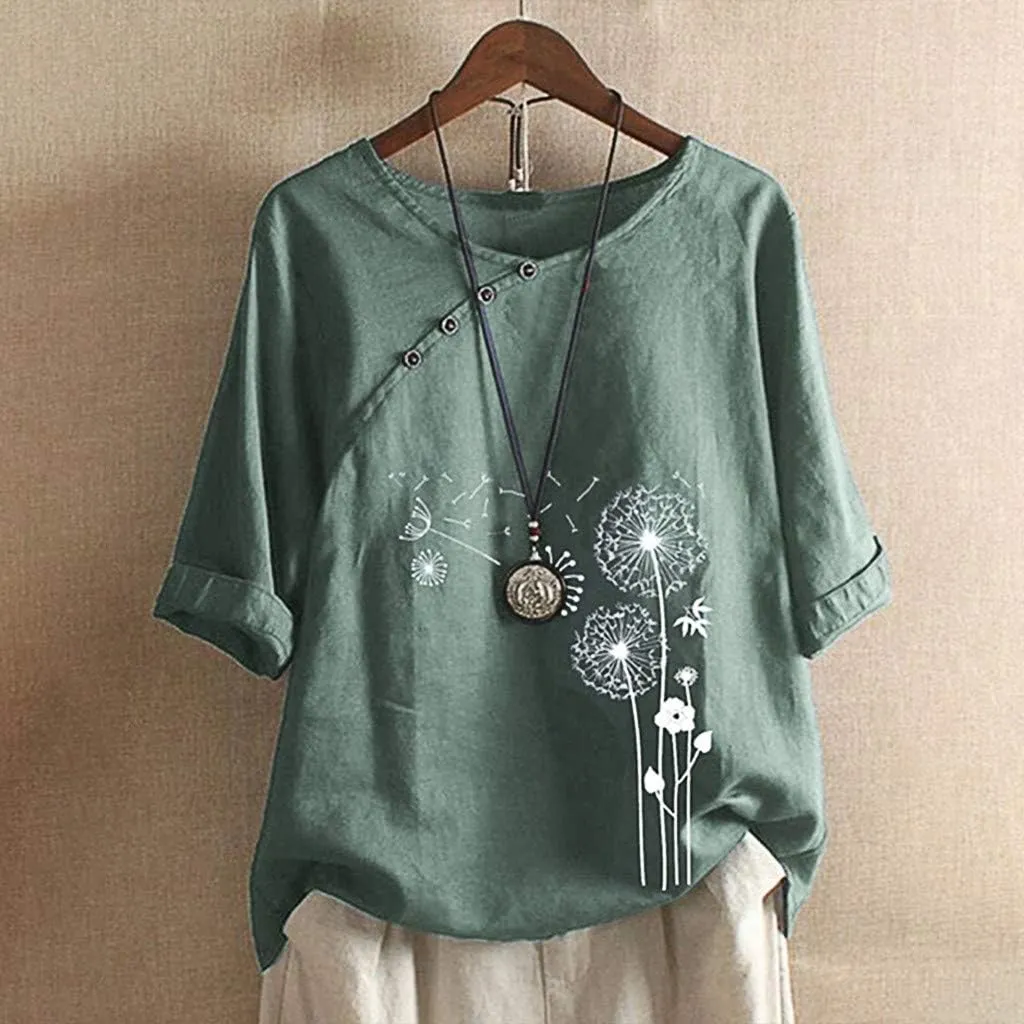 Blouses for Women Dressy Casual Linen Top Fashionable Round Neck Street Style Simple Printed Short Sleeved Shirt Loose