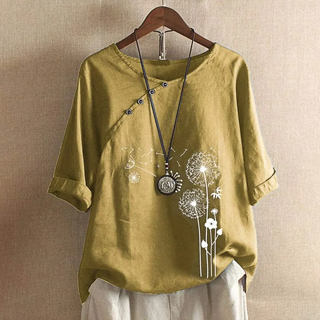 Blouses for Women Dressy Casual Linen Top Fashionable Round Neck Street Style Simple Printed Short Sleeved Shirt Loose