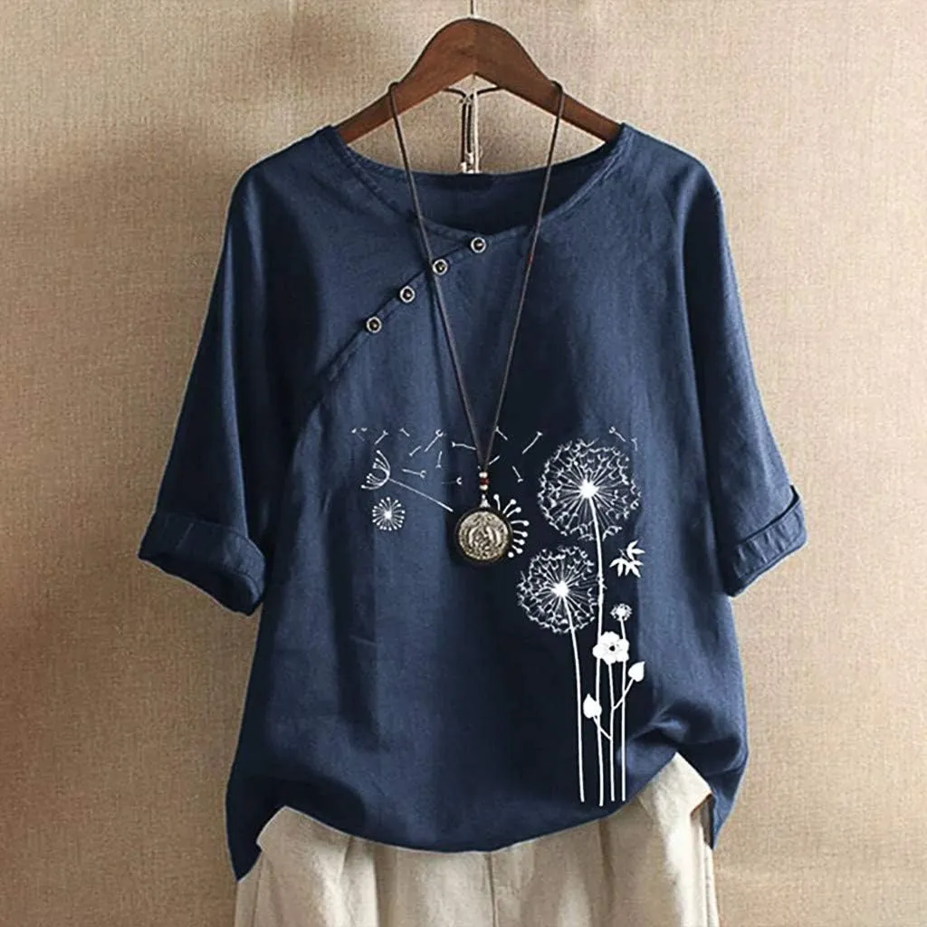 Blouses for Women Dressy Casual Linen Top Fashionable Round Neck Street Style Simple Printed Short Sleeved Shirt Loose