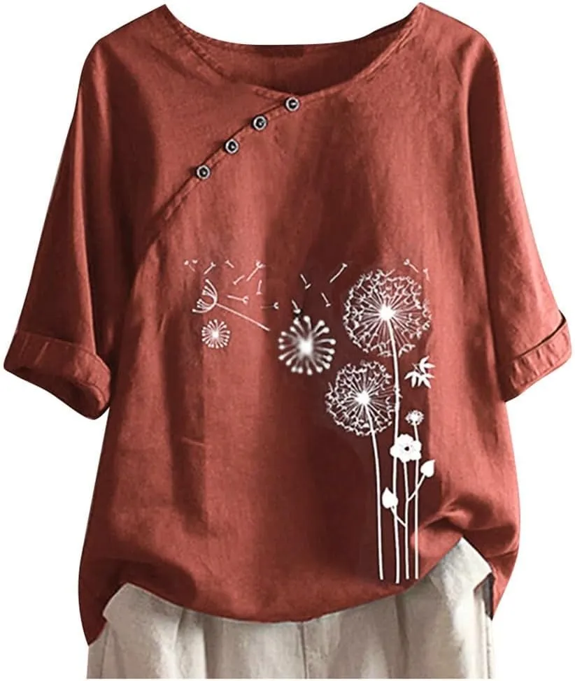 Blouses for Women Dressy Casual Linen Top Fashionable Round Neck Street Style Simple Printed Short Sleeved Shirt Loose