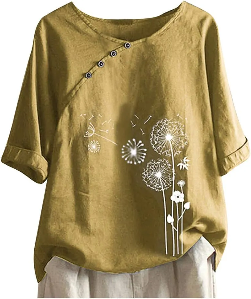 Blouses for Women Dressy Casual Linen Top Fashionable Round Neck Street Style Simple Printed Short Sleeved Shirt Loose