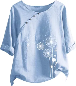 Blouses for Women Dressy Casual Linen Top Fashionable Round Neck Street Style Simple Printed Short Sleeved Shirt Loose