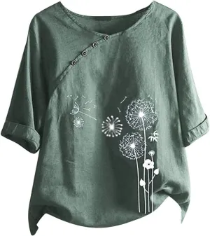 Blouses for Women Dressy Casual Linen Top Fashionable Round Neck Street Style Simple Printed Short Sleeved Shirt Loose
