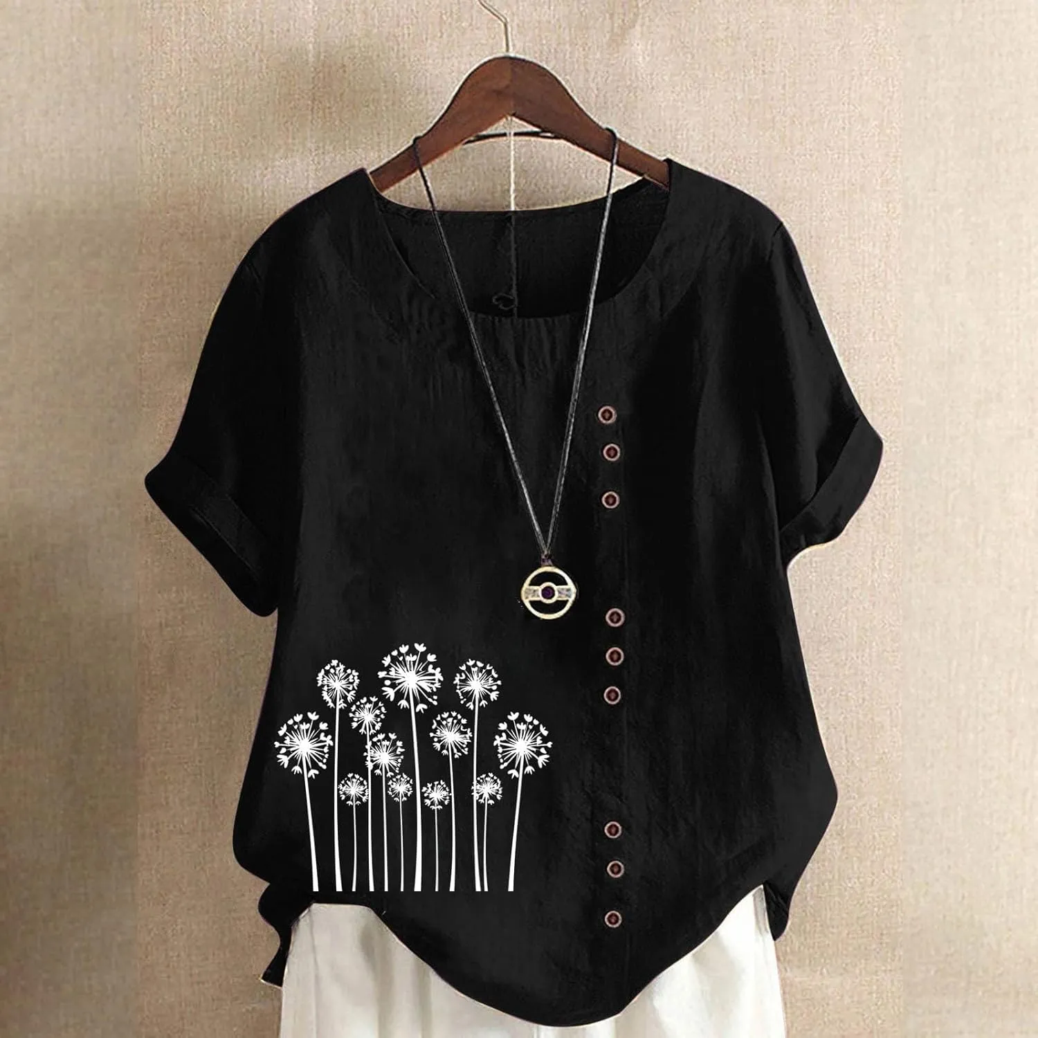 Blouses for Women Dressy Casual Linen Top Fashionable Round Neck Street Style Simple Printed Short Sleeved Shirt Loose