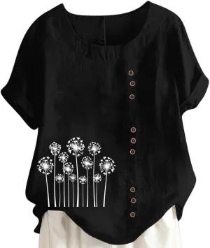 Blouses for Women Dressy Casual Linen Top Fashionable Round Neck Street Style Simple Printed Short Sleeved Shirt Loose