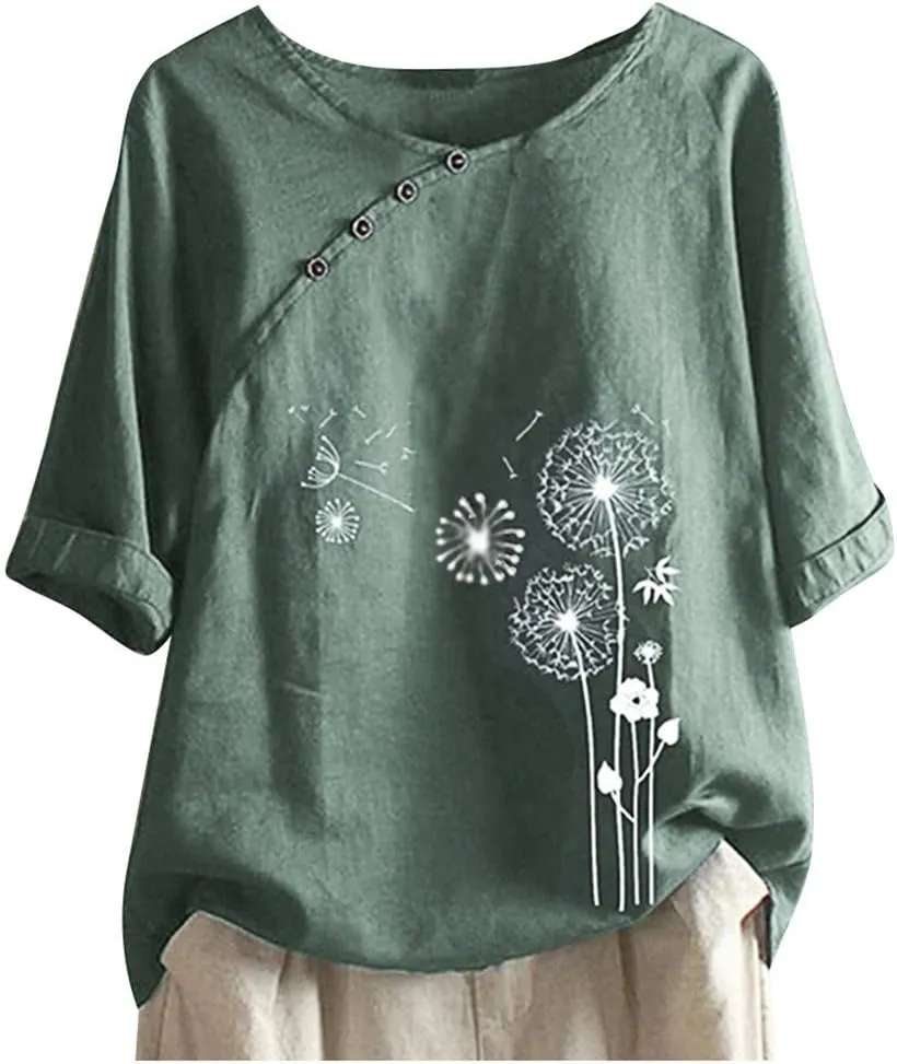 Blouses for Women Dressy Casual Linen Top Fashionable Round Neck Street Style Simple Printed Short Sleeved Shirt Loose