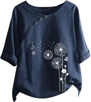 Blouses for Women Dressy Casual Linen Top Fashionable Round Neck Street Style Simple Printed Short Sleeved Shirt Loose