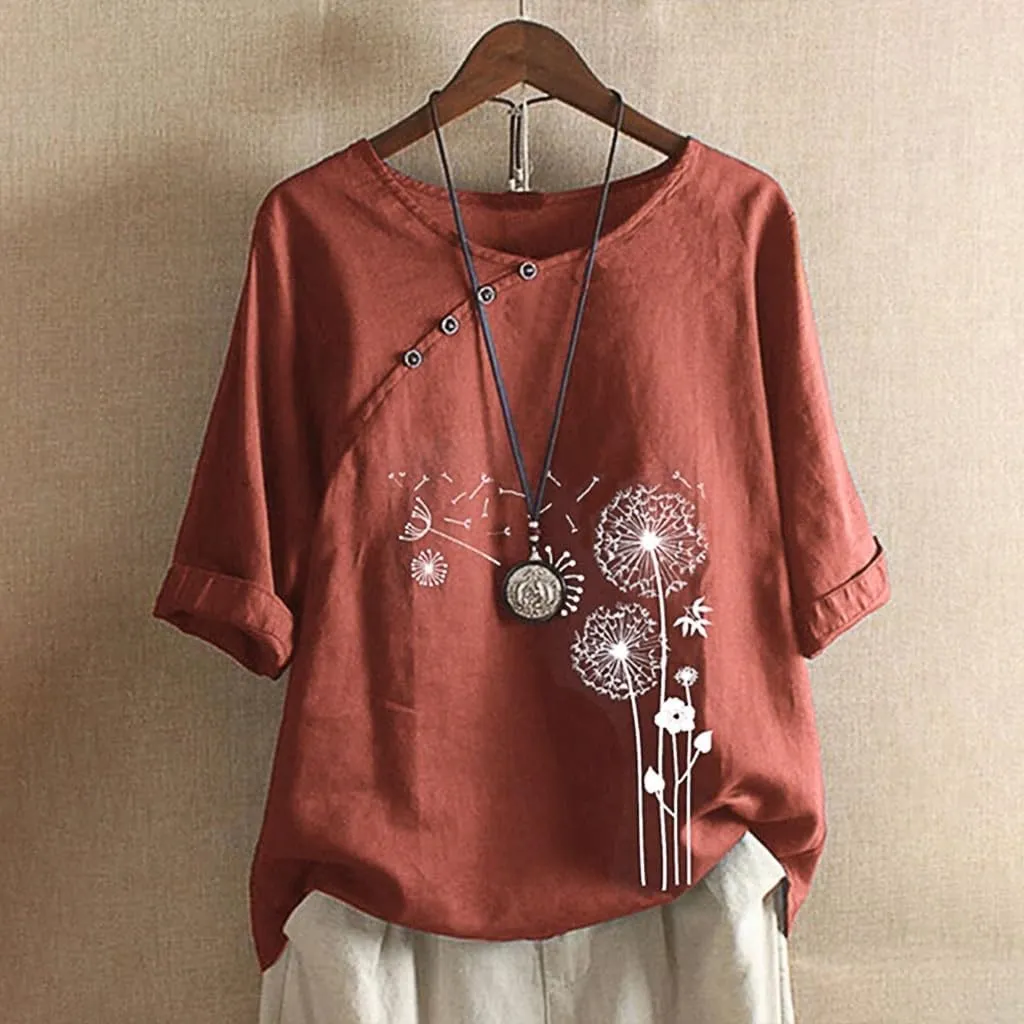 Blouses for Women Dressy Casual Linen Top Fashionable Round Neck Street Style Simple Printed Short Sleeved Shirt Loose