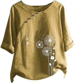 Blouses for Women Dressy Casual Linen Top Fashionable Round Neck Street Style Simple Printed Short Sleeved Shirt Loose