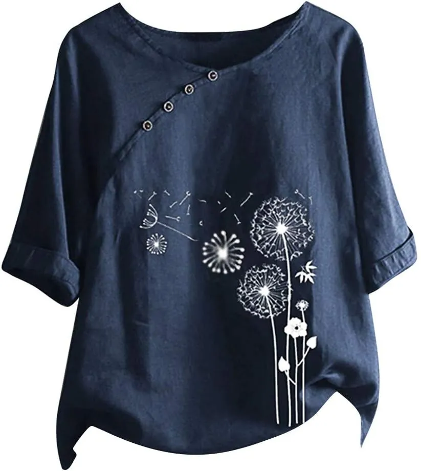 Blouses for Women Dressy Casual Linen Top Fashionable Round Neck Street Style Simple Printed Short Sleeved Shirt Loose