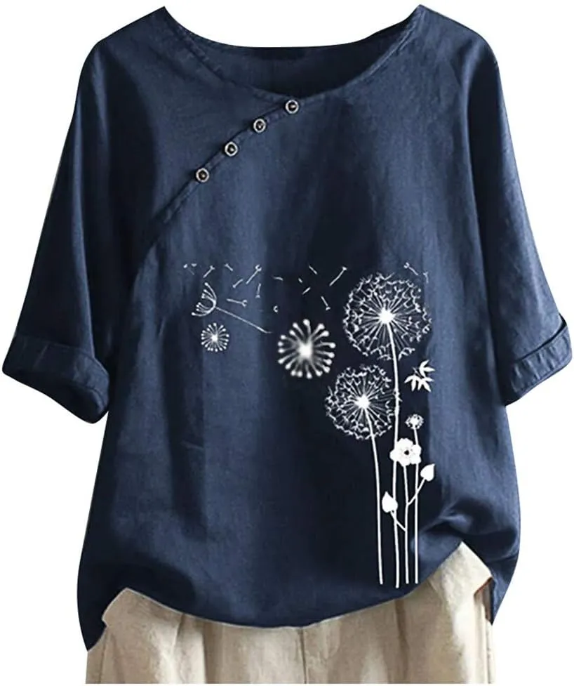Blouses for Women Dressy Casual Linen Top Fashionable Round Neck Street Style Simple Printed Short Sleeved Shirt Loose