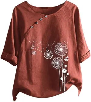 Blouses for Women Dressy Casual Linen Top Fashionable Round Neck Street Style Simple Printed Short Sleeved Shirt Loose