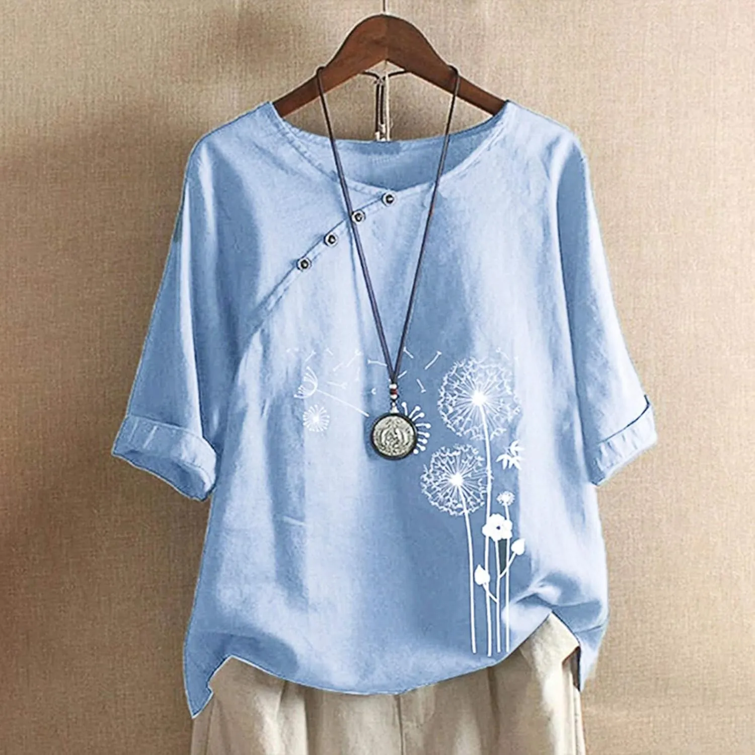 Blouses for Women Dressy Casual Linen Top Fashionable Round Neck Street Style Simple Printed Short Sleeved Shirt Loose