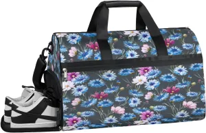 Blue Daisy Beautiful Sports Gym Bag for Women and Men Travel Duffel Bag Overnight Shoulder Bag Waterproof Workout Bag Portable Sports Tote with Shoes Compartment