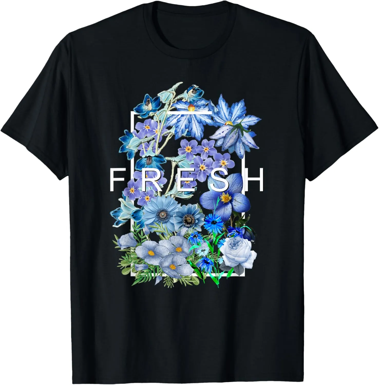 Blue Fresh Bloom Flowers Blue Color Graphic T-Shirt