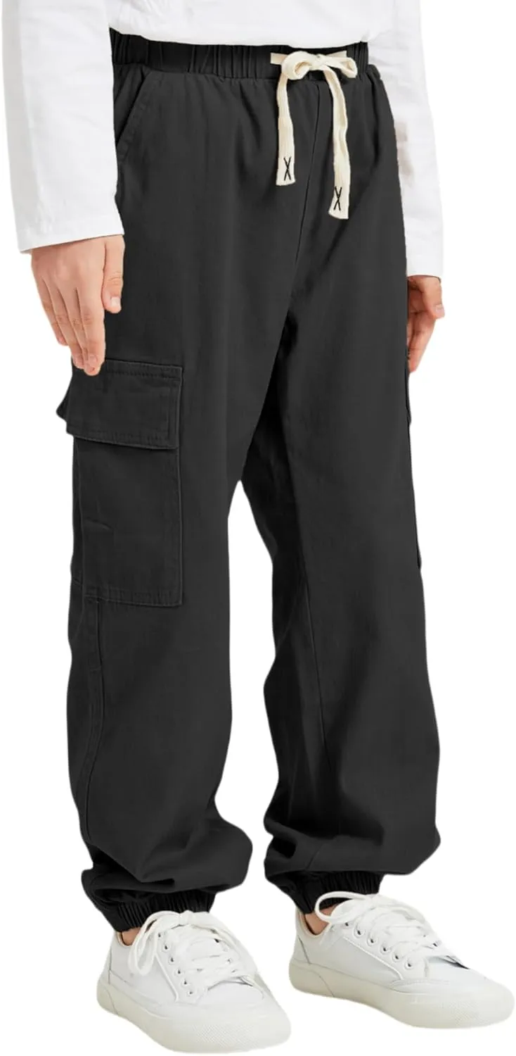 Boy's Cargo Joggers Pants Elastic Waist Casual Drawstring School Outdoor Youth Twill Baggy Pants Size 8-16