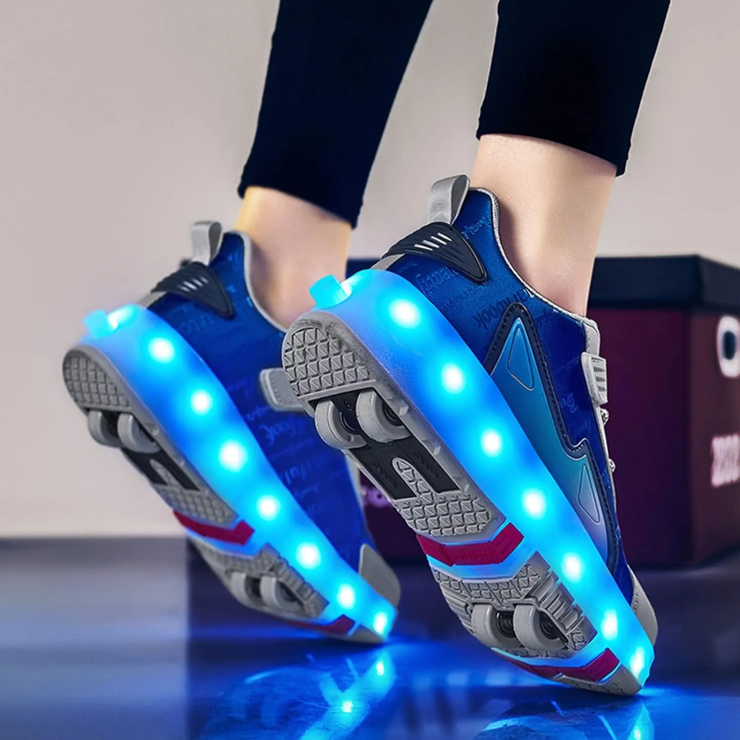 Boys Girls Roller Skates Shoes with 4 Wheels, LED Lights Double Row Technical Skate Trainers Shoes for Unisex Kids,Gray-Green-1.5LittleKid