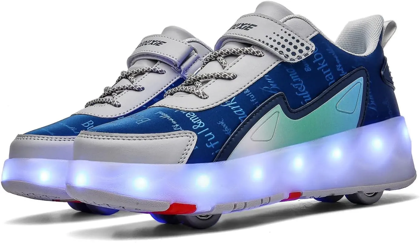 Boys Girls Roller Skates Shoes with 4 Wheels, LED Lights Double Row Technical Skate Trainers Shoes for Unisex Kids,Gray-Green-1.5LittleKid