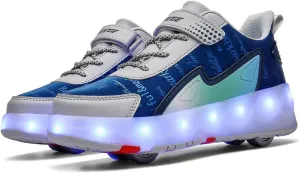 Boys Girls Roller Skates Shoes with 4 Wheels, LED Lights Double Row Technical Skate Trainers Shoes for Unisex Kids,Gray-Green-1.5LittleKid