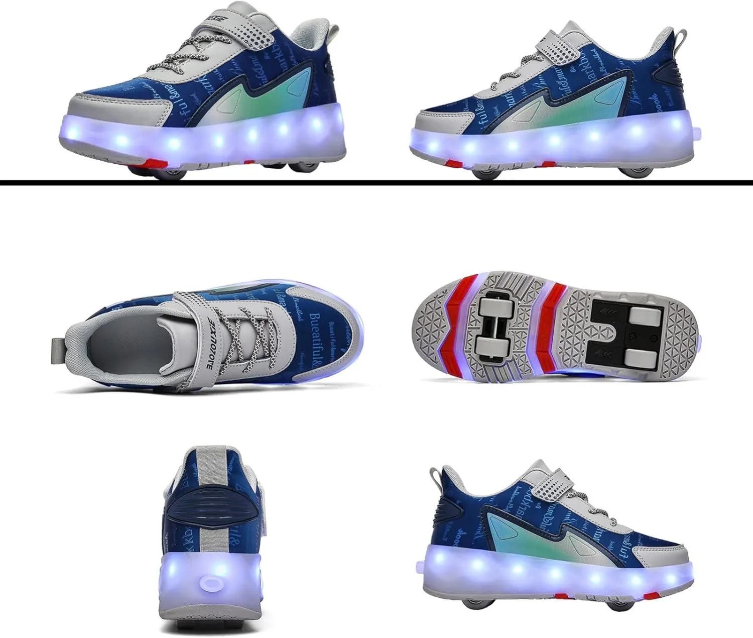 Boys Girls Roller Skates Shoes with 4 Wheels, LED Lights Double Row Technical Skate Trainers Shoes for Unisex Kids,Gray-Green-1.5LittleKid