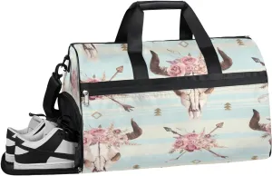 Bull Skull Floral Sports Gym Bag with Wet Pocket & Shoes Compartment Waterproof Workout Duffel Bag for Women and Men Weekender Overnight Duffle Bag Travel Carry-on Tote