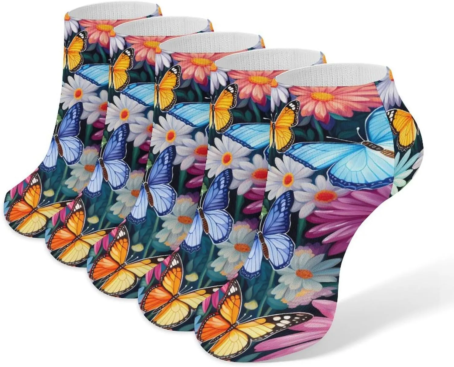 Butterflies Daisy Flowers 5 Pairs Low Cut Ankle Socks for Men Women Athletic Running Socks No Show Breathable