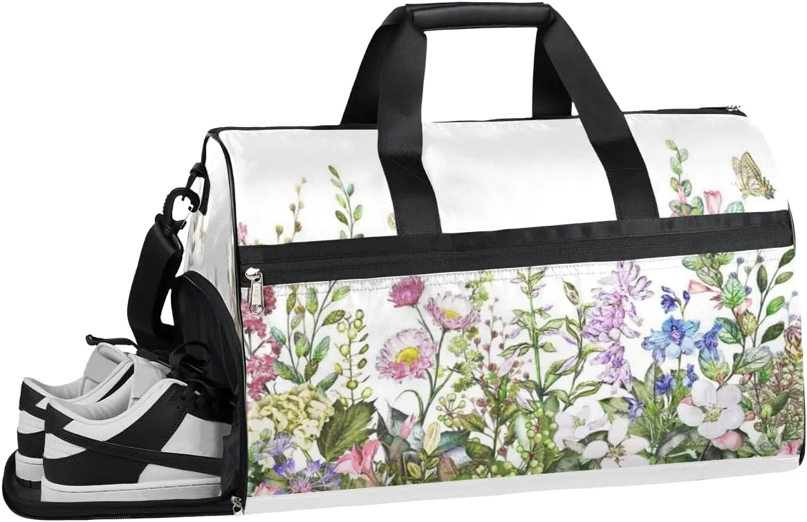 Butterflies Flowers Sports Gym Bag with Wet Pocket & Shoes Compartment Waterproof Workout Duffel Bag for Women and Men Weekender Overnight Duffle Bag Travel Carry-on Tote