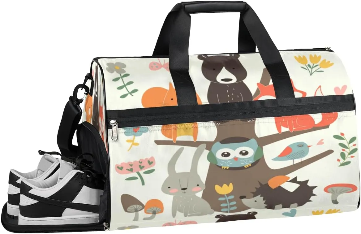 Cartoon Animal Plant Sports Gym Bag with Wet Pocket & Shoes Compartment Waterproof Workout Duffel Bag for Women and Men Weekender Overnight Duffle Bag Travel Carry-on Tote