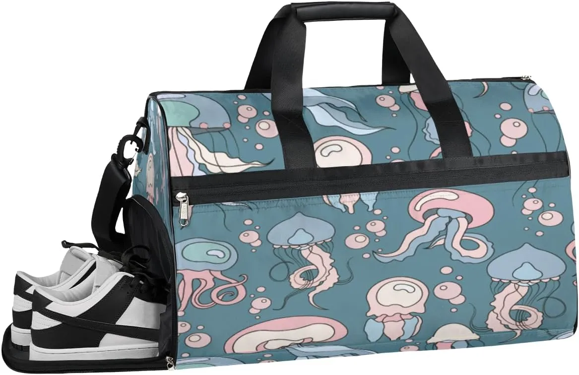 Cartoon Jellyfish Sports Gym Bag with Wet Pocket & Shoes Compartment Waterproof Workout Duffel Bag for Women and Men Weekender Overnight Duffle Bag Travel Carry-on Tote