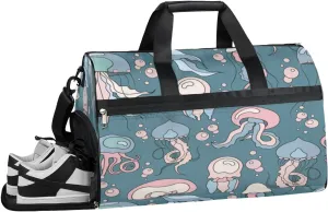 Cartoon Jellyfish Sports Gym Bag with Wet Pocket & Shoes Compartment Waterproof Workout Duffel Bag for Women and Men Weekender Overnight Duffle Bag Travel Carry-on Tote