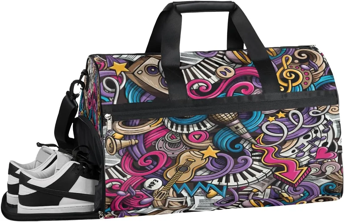 Cartoon Music Pattern Sports Gym Bag with Wet Pocket & Shoes Compartment Waterproof Workout Duffel Bag for Women and Men Weekender Overnight Duffle Bag Travel Carry-on Tote