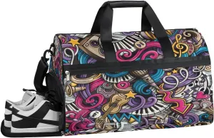 Cartoon Music Pattern Sports Gym Bag with Wet Pocket & Shoes Compartment Waterproof Workout Duffel Bag for Women and Men Weekender Overnight Duffle Bag Travel Carry-on Tote