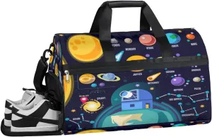 Cartoon Space Planet Sports Gym Bag with Wet Pocket & Shoes Compartment Waterproof Workout Duffel Bag for Women and Men Weekender Overnight Duffle Bag Travel Carry-on Tote