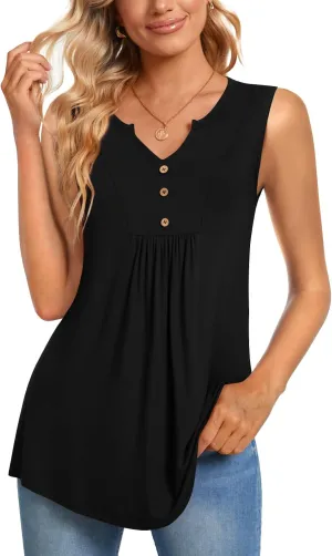 CATHY Womens Summer Sleeveless Tank Top V Neck Button Blouse Casual Pleated Basic Henley Shirts