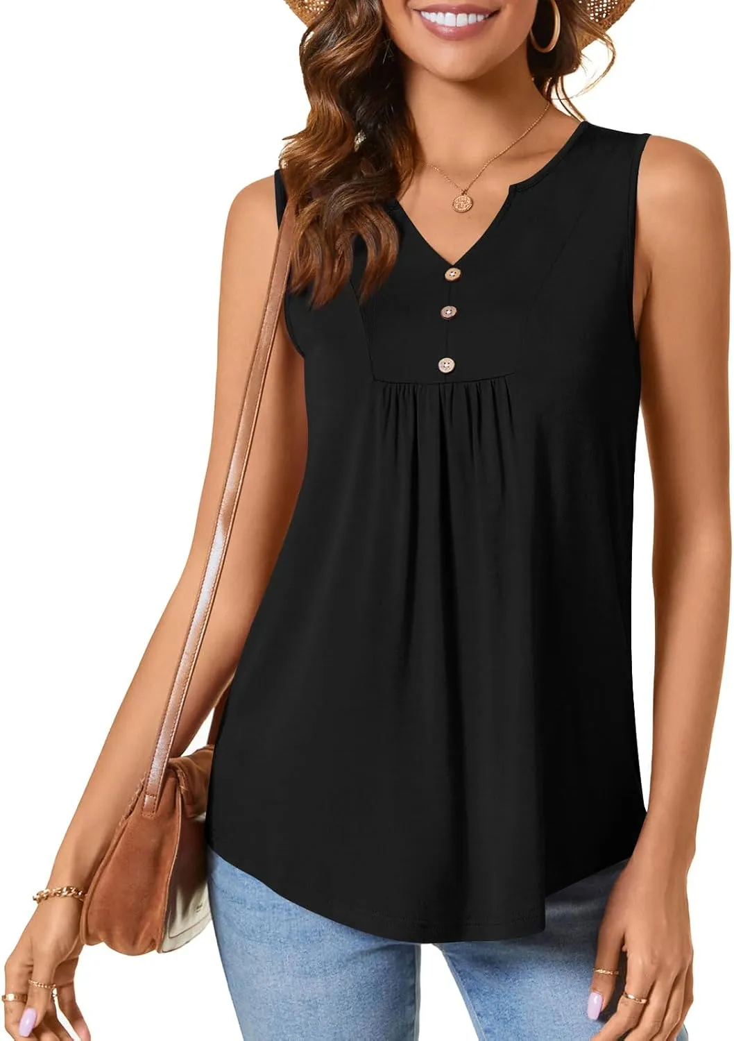 CATHY Womens Summer Sleeveless Tank Top V Neck Button Blouse Casual Pleated Basic Henley Shirts