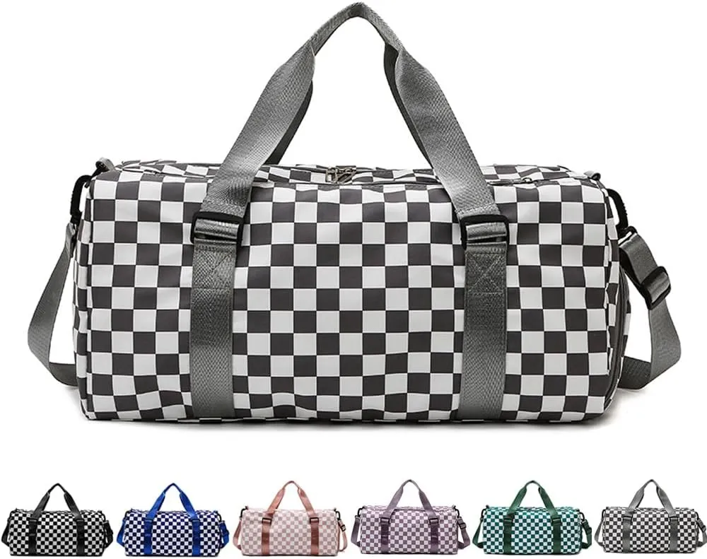 Checkered Gym Bag with Shoes Compartment & Wet Pocket, Sports Duffel Bags for Women/Men, Travel Overnight Bag Weekend Bag, Dance Bag for Girls, grey, Sports Bags