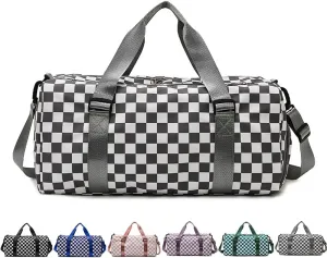 Checkered Gym Bag with Shoes Compartment & Wet Pocket, Sports Duffel Bags for Women/Men, Travel Overnight Bag Weekend Bag, Dance Bag for Girls, grey, Sports Bags